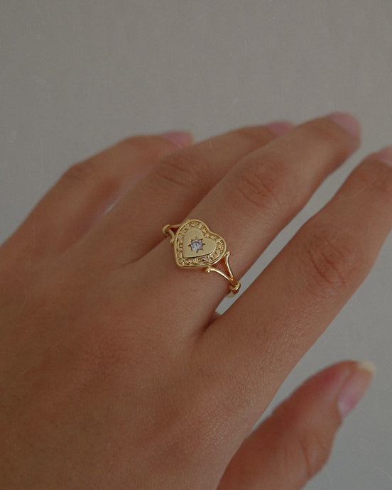 18k gold plated brass victorian heart ring with pettie cubic zirconia stone and adjustable sizing