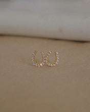 Load image into Gallery viewer, dainty lucky horseshoe clear CZ stud gold earrings
