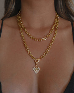 oval link chunky gold statement chain with removable gold pink opal heart charm