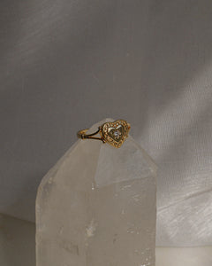 18k gold plated brass victorian heart ring with pettie cubic zirconia stone and adjustable sizing