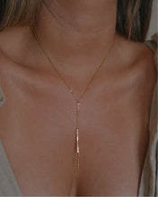 Load image into Gallery viewer, dainty thin minimalist lariat style necklace with hammered metal bar pendants
