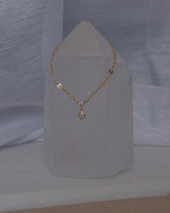 gold filled dainty link chain with tear drop cubic zirconia stone charm pendant