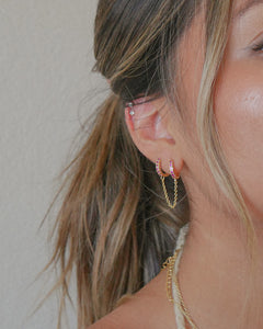 double piercing gold huggie pink cubic zirconia chain earring