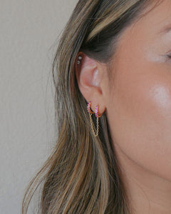 double piercing gold huggie pink cubic zirconia chain earring
