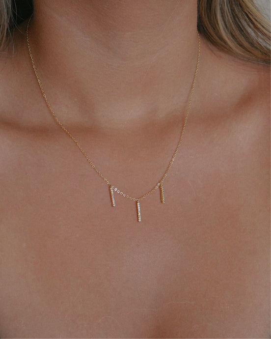 gold filled dainty chain with 3 cubic zirconia pave bar pendants