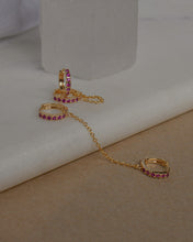 Load image into Gallery viewer, double piercing gold huggie pink cubic zirconia chain earring

