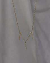 Load image into Gallery viewer, gold filled dainty chain with 3 cubic zirconia pave bar pendants
