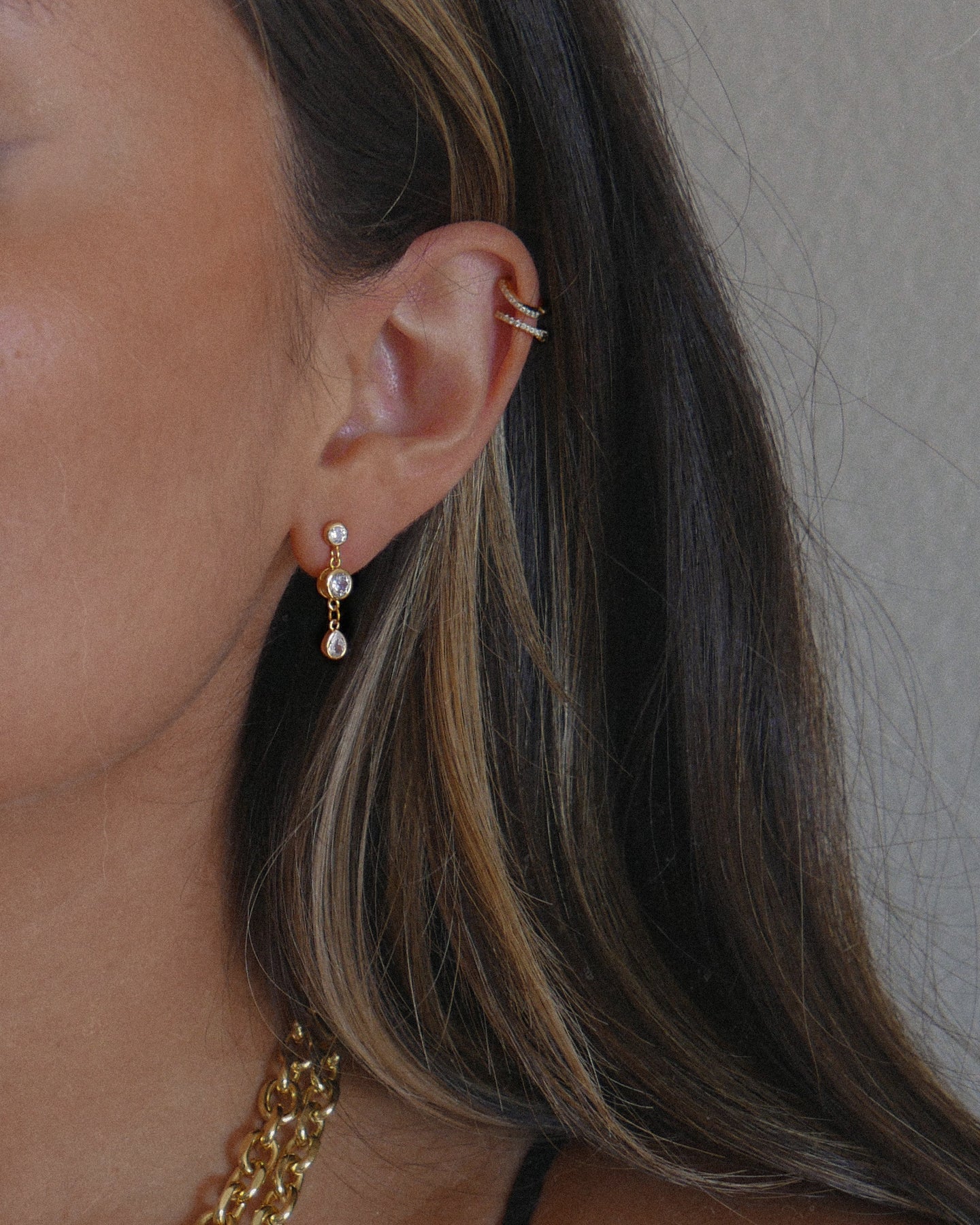 gold dainty drop stud cubic zirconia charm earrings