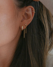 Load image into Gallery viewer, gold dainty ball stud earrings with drop chains
