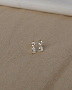 cubic zirconia gold stud earrings with pear shaped cz stone