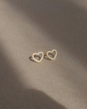 Load image into Gallery viewer, 18k gold plated sterling silver cubic zirconia open heart dainty stud earrings
