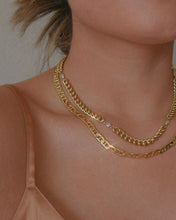 Load image into Gallery viewer, gold filled curb chain necklace with CZ stone details layered with a medium gold plated mariner chain
