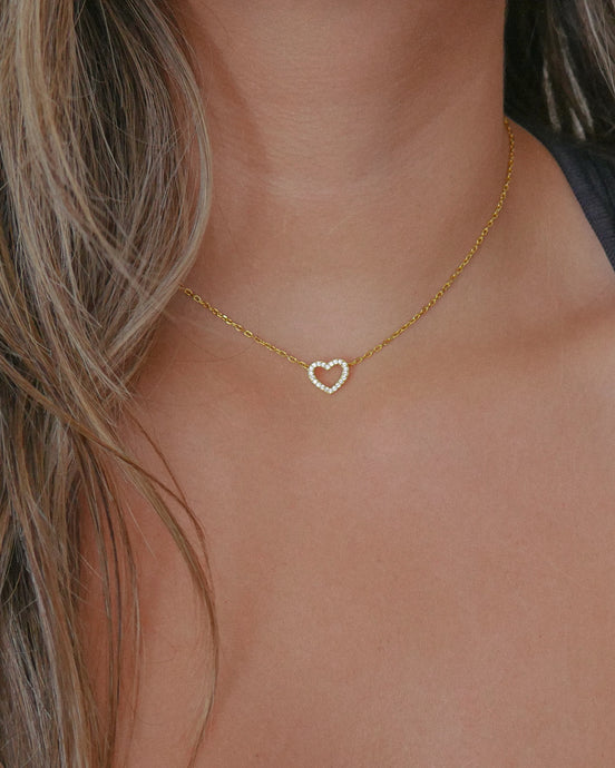 18k gold plated sterling silver dainty necklace with open heart cubic zirconia stone connecting charm pendant