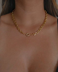 oval link chunky gold statement chain with removable gold pink opal heart charm