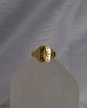 Load image into Gallery viewer, statement signet gold ring with engraved north star and cubic zirconia stone detail
