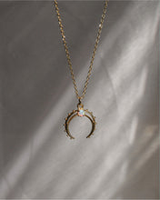 Load image into Gallery viewer, dainty gold chain with double horn crescent opal pendant
