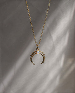 dainty gold chain with double horn crescent opal pendant