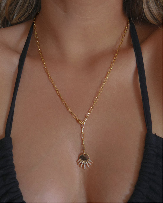 gold filled paperclip chain adjustable lariat layering necklace with sun pendant