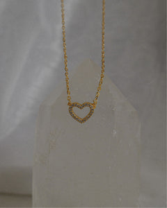 18k gold plated sterling silver dainty necklace with open heart cubic zirconia stone connecting charm pendant