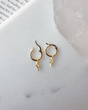 Load image into Gallery viewer, 18k gold plated high quality sterling silver hoops with a dangle lightning bolt charm
